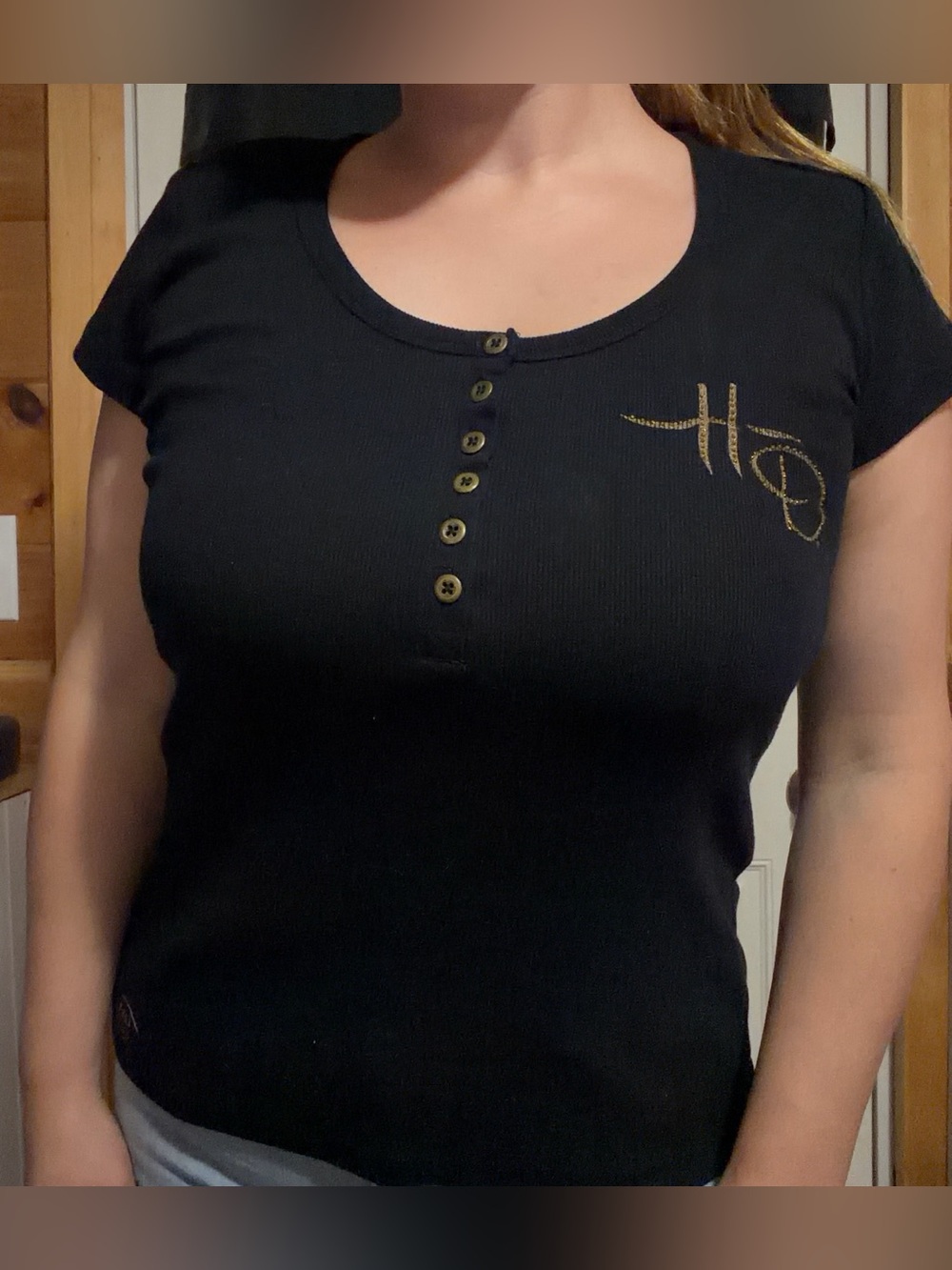 Harley Davidson Black Ribbed Henley Short Sleeve with Back Graphic 110 Years